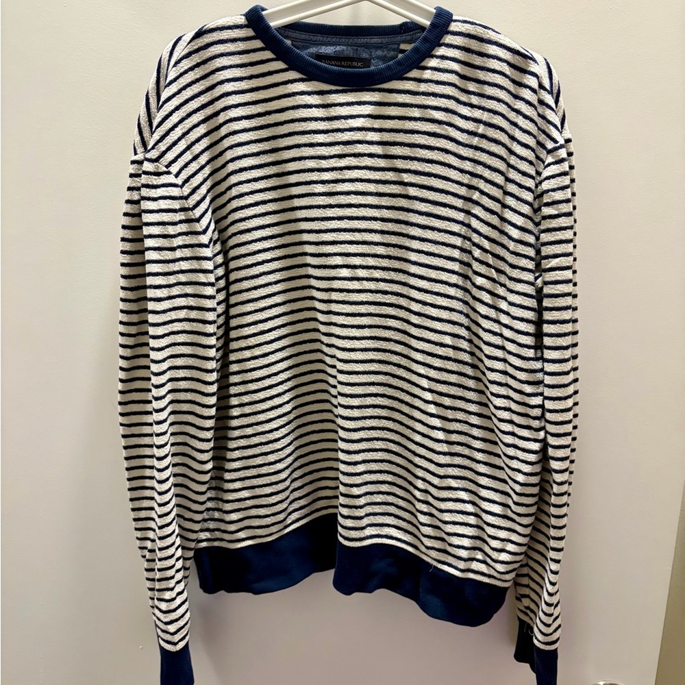 Banana Republic Navy and White Striped Crewneck Sweater